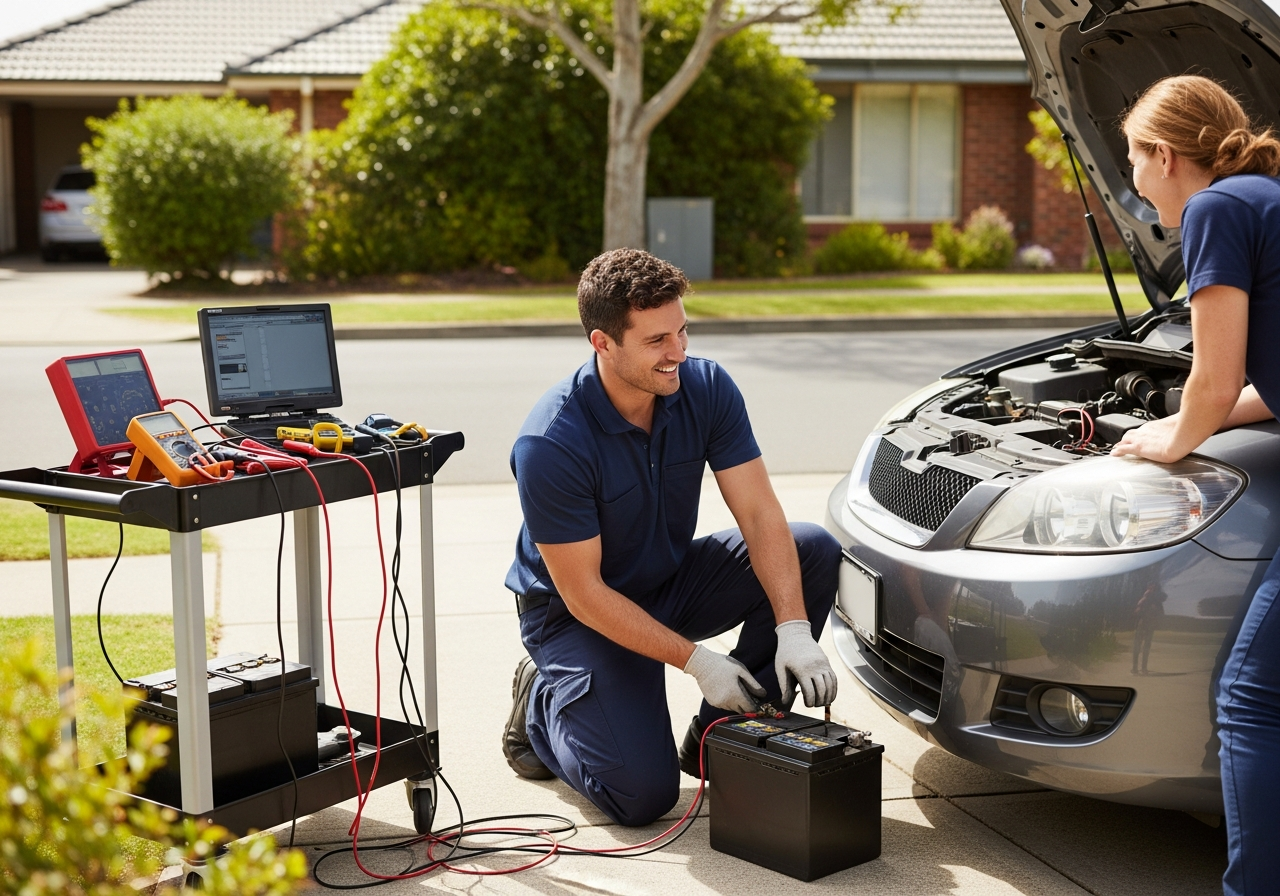 Mobile mechanic replacing battery at home