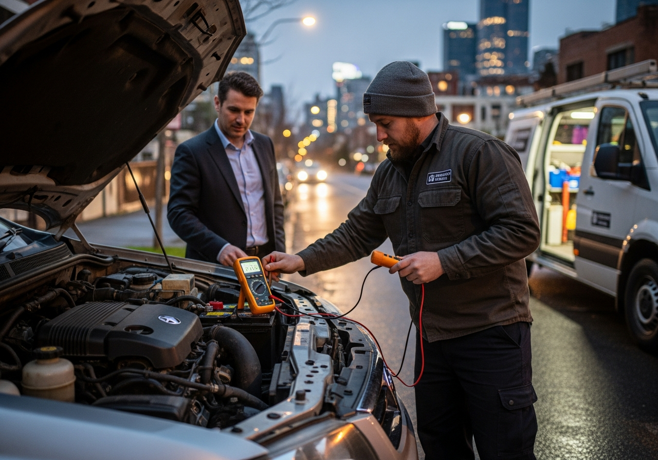 Mobile mechanic diagnosing battery