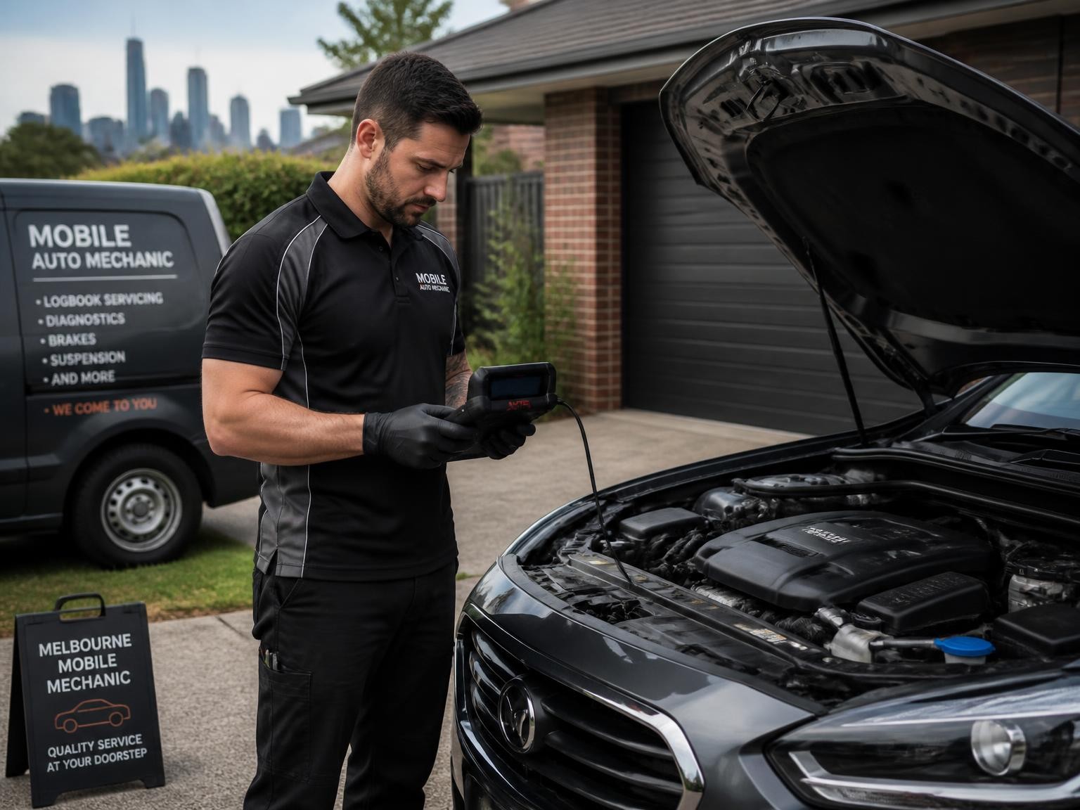 Auto mechanic performing mobile car diagnostics in Melbourne