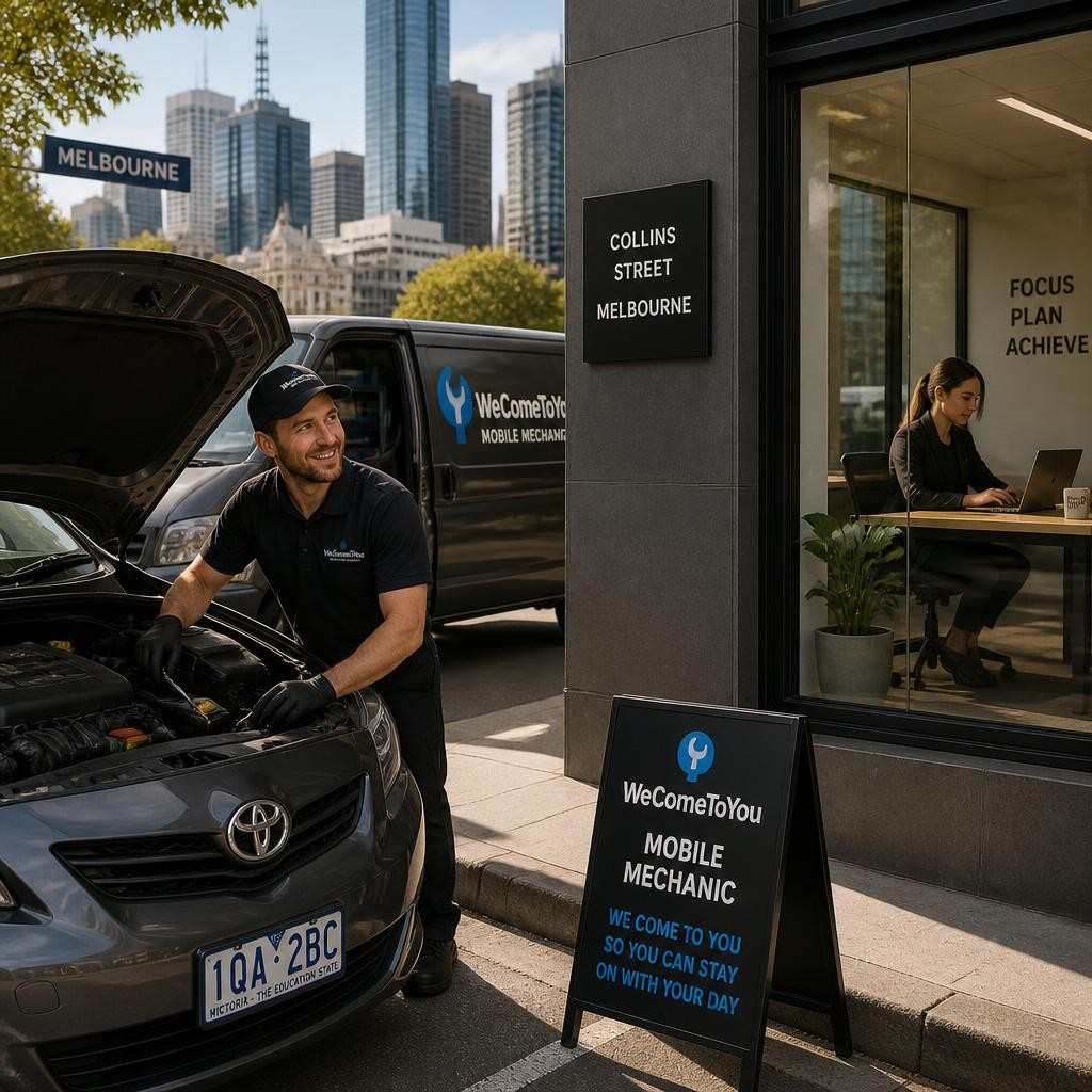 Mobile mechanic servicing a car at a workplace in Melbourne