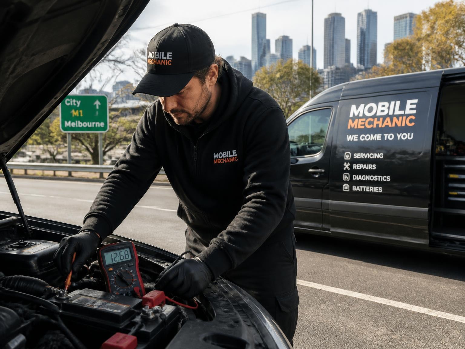 Traveling mechanic checking a vehicle battery at the roadside
