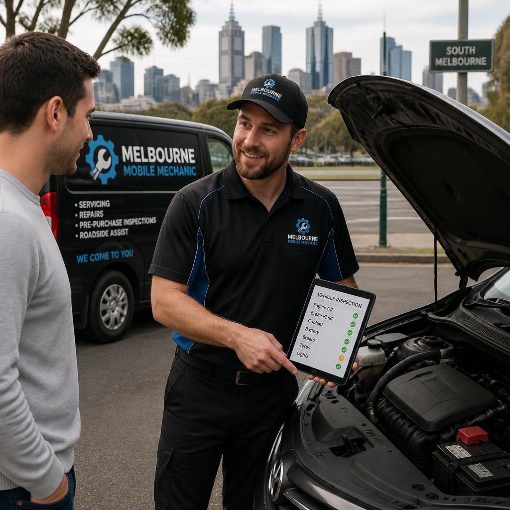 Mobile mechanic explaining a vehicle inspection to a Melbourne customer