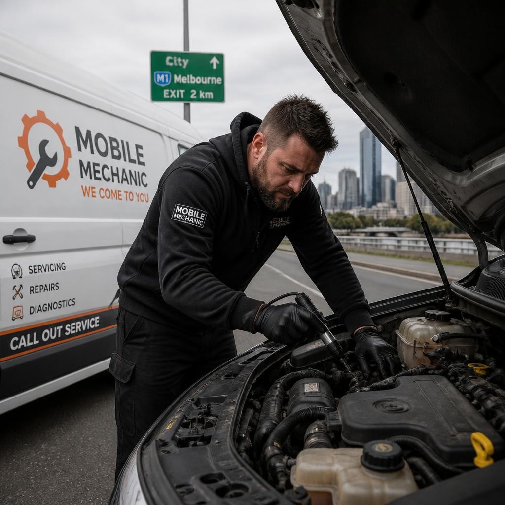 Mobile mechanic inspecting a vehicle during an emergency call-out