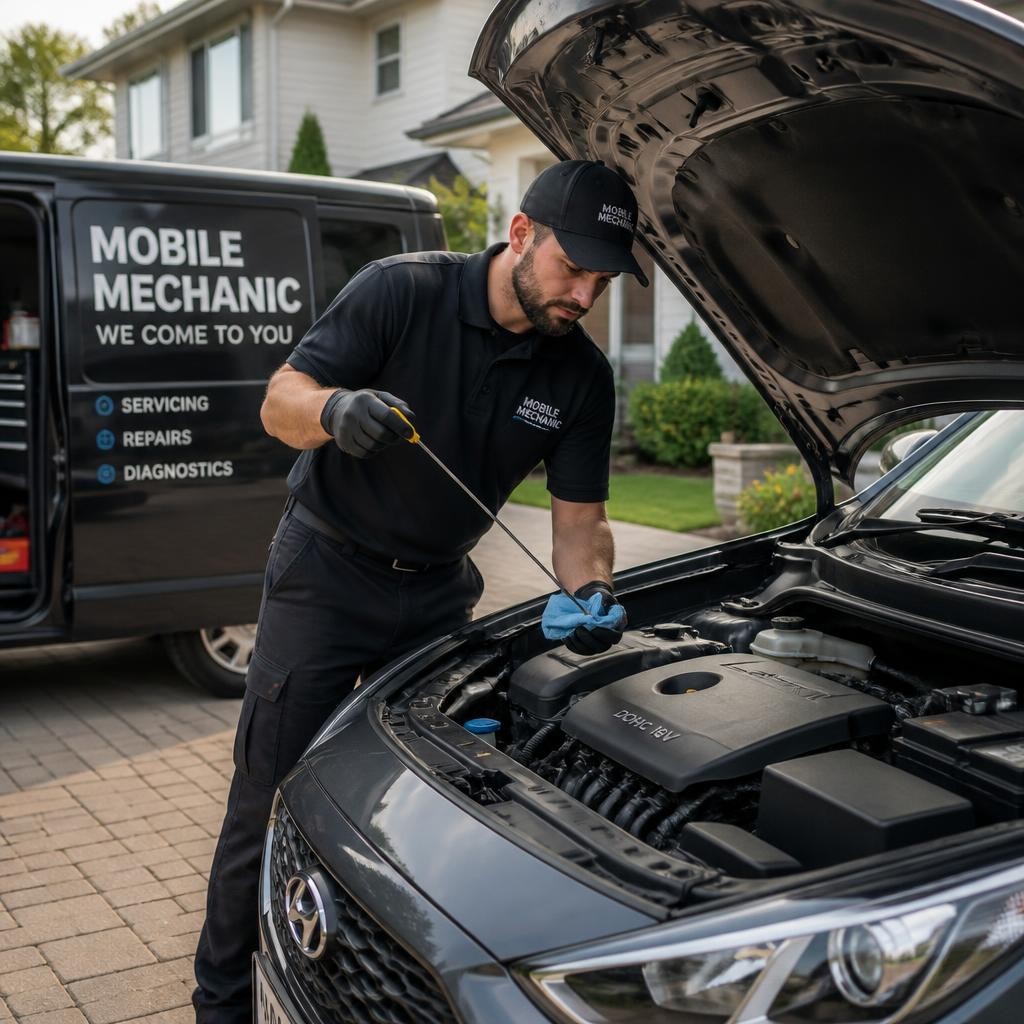 Mechanic carrying out a scheduled car service at home