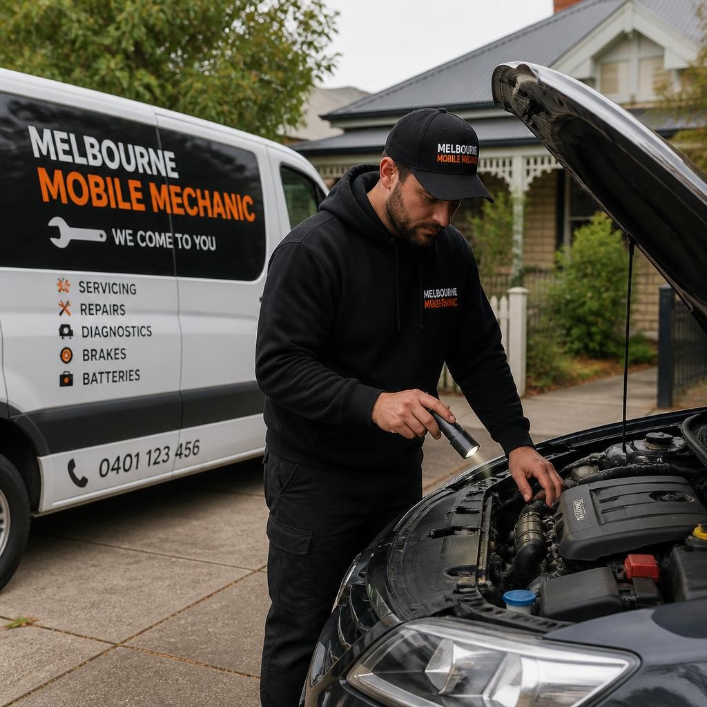 Mechanic inspecting a vehicle engine onsite