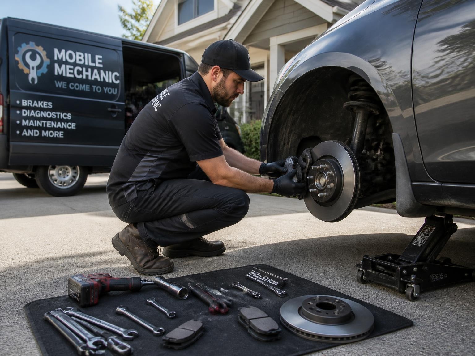 Mobile mechanic completing brake repairs onsite