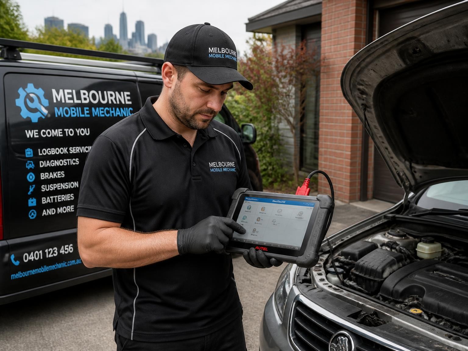 Mobile mechanic performing on-site vehicle diagnostics in Melbourne