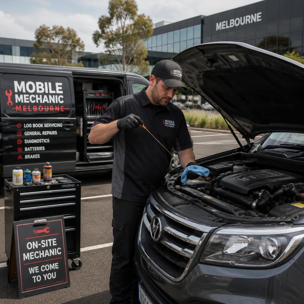 Technician completing routine car maintenance at a workplace