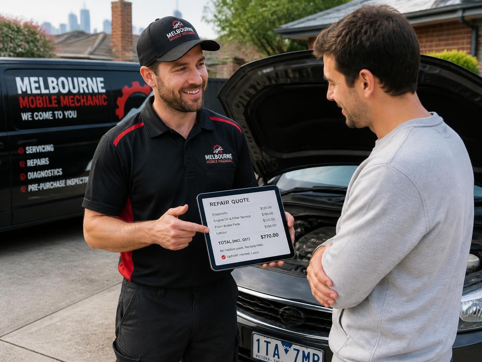 Mobile mechanic explaining transparent car repair pricing