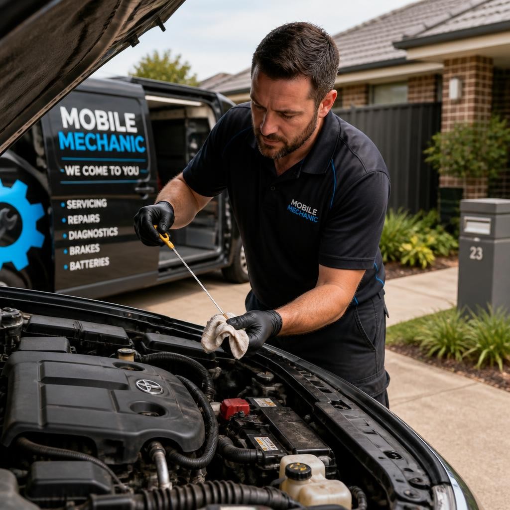 Mechanic checking a vehicle during a mobile car service