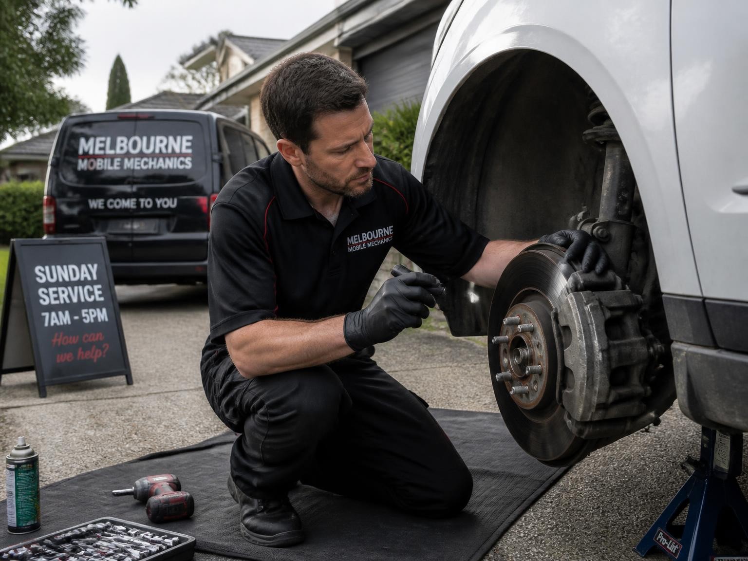 Weekend mobile mechanic performing car repairs at home