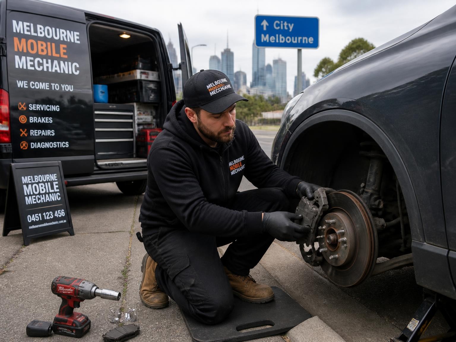 Mechanic completing on-site vehicle repairs