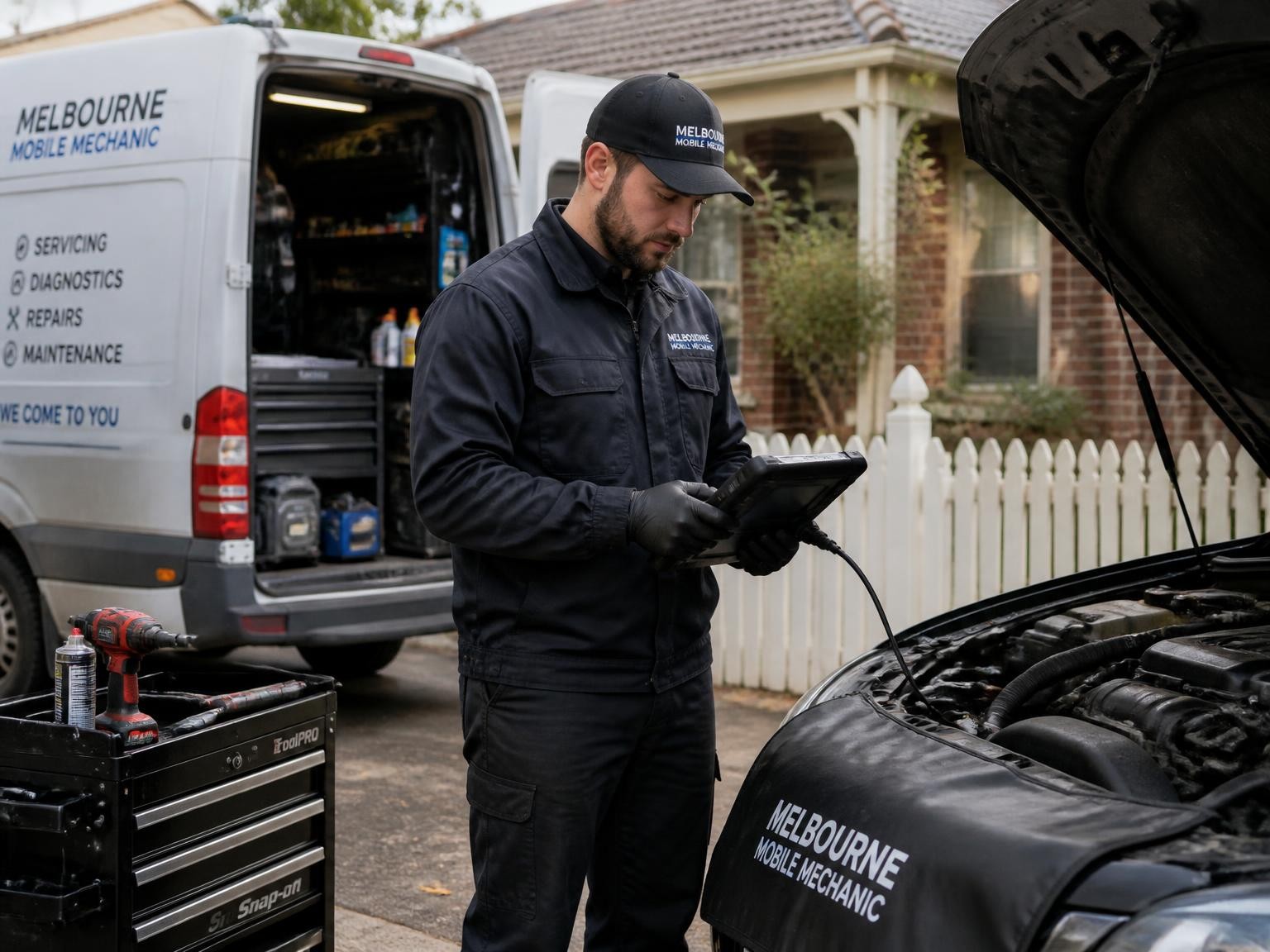 Mechanic diagnosing a broken down car onsite in Melbourne