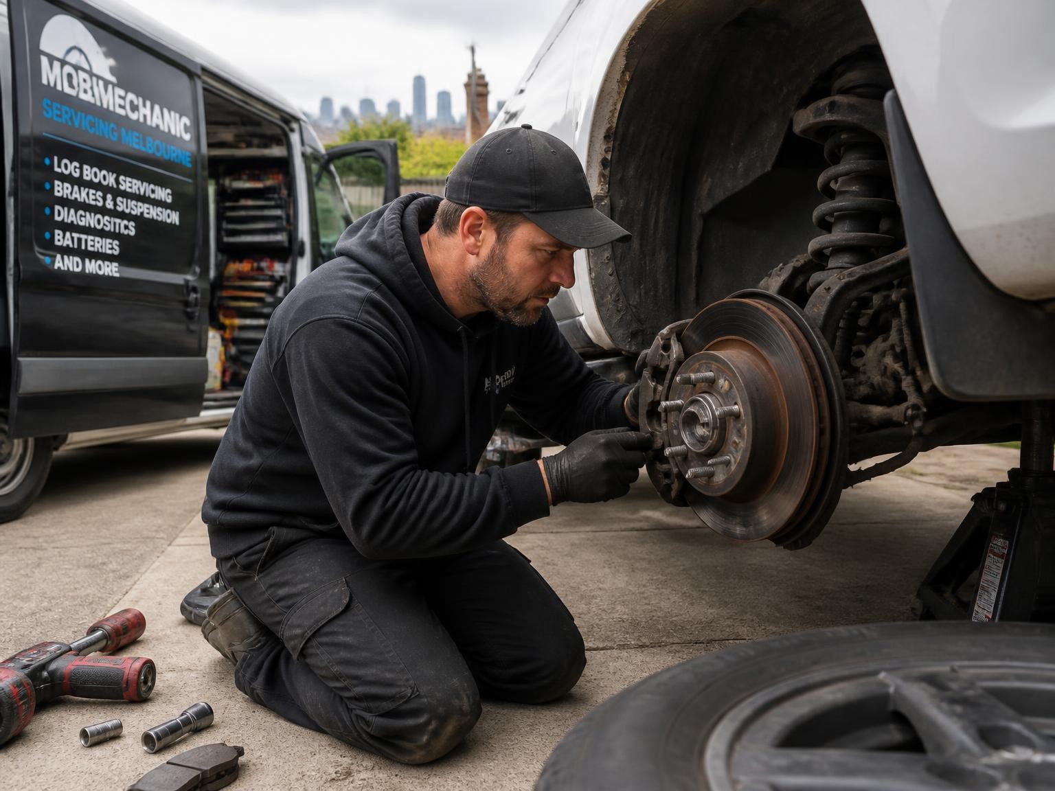 Mobile mechanic completing an on-site car repair in Melbourne