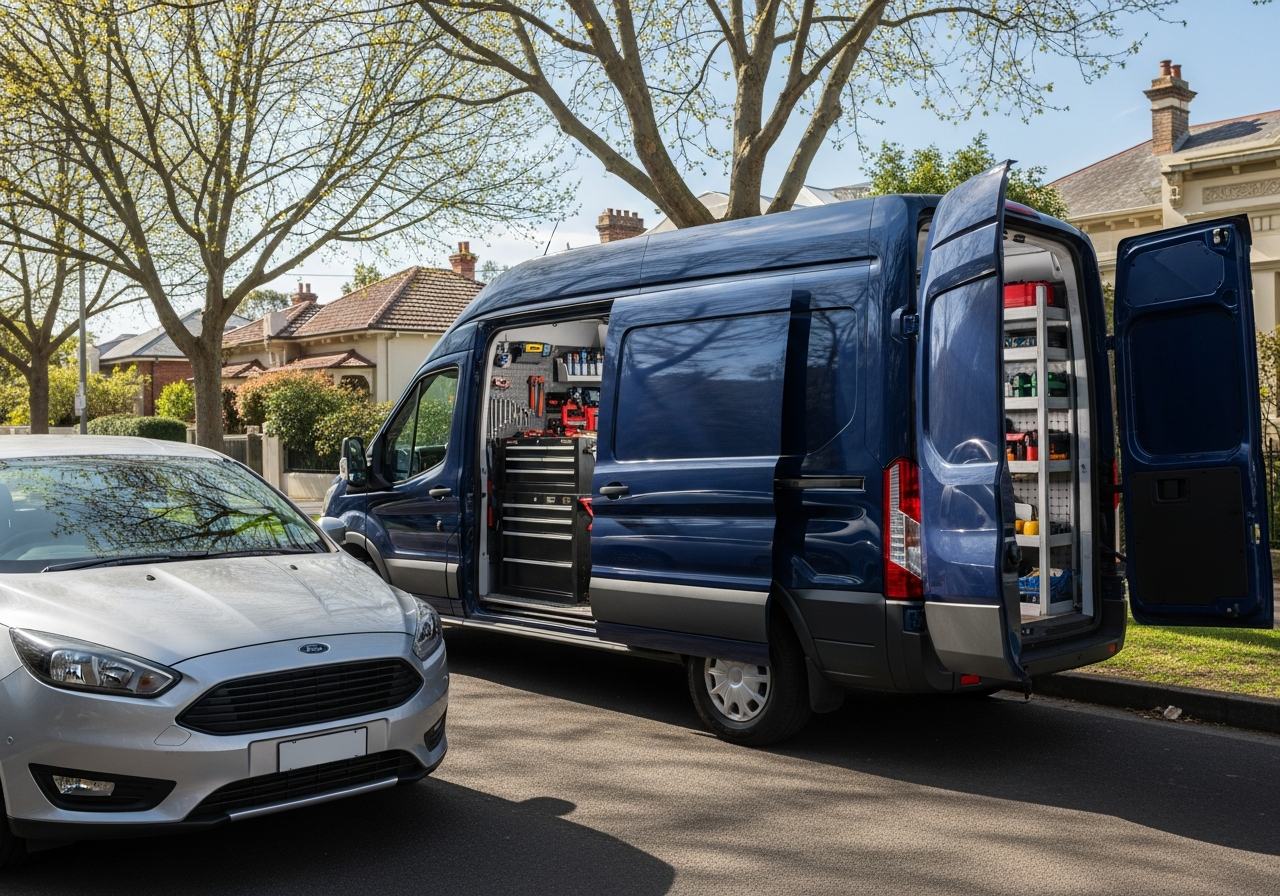 Plain navy mobile mechanic van with back doors open and modern Ford car in foreground in Kew