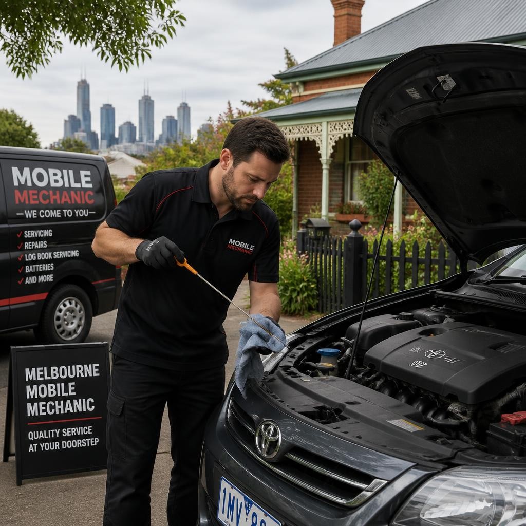 Mobile mechanic completing scheduled vehicle servicing at home
