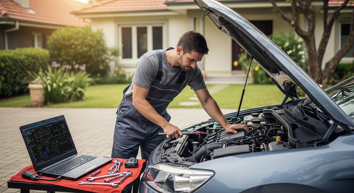 Mobile auto care mechanic inspecting engine