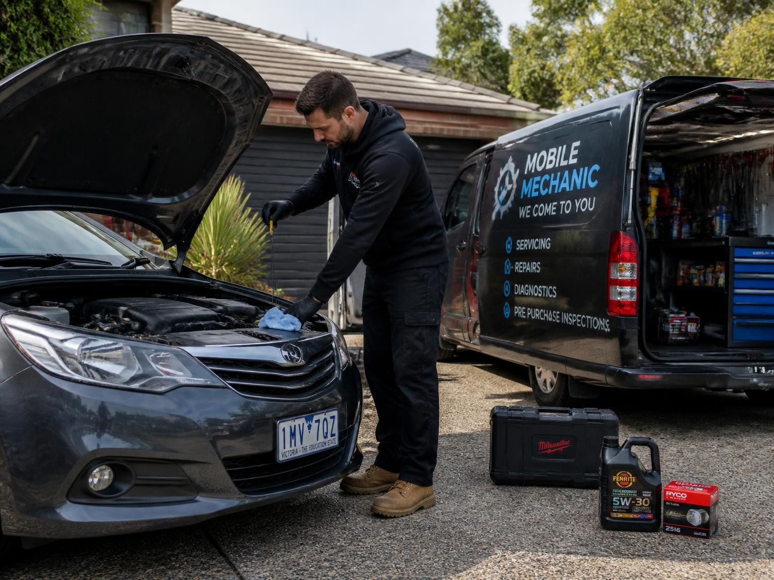 Mobile car servicing at a Melbourne home driveway