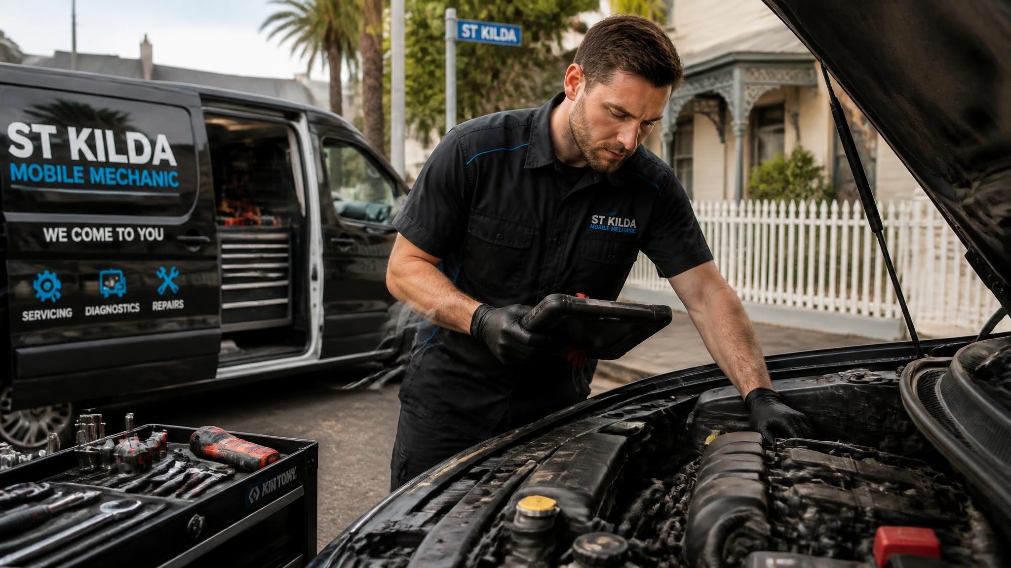 Mobile car mechanic servicing a vehicle in St Kilda