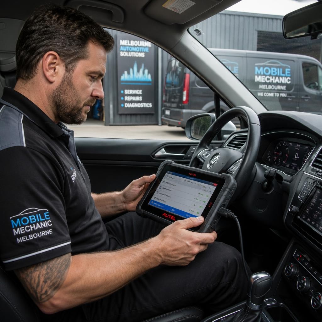 Mobile mechanic performing onsite vehicle diagnostics in Melbourne