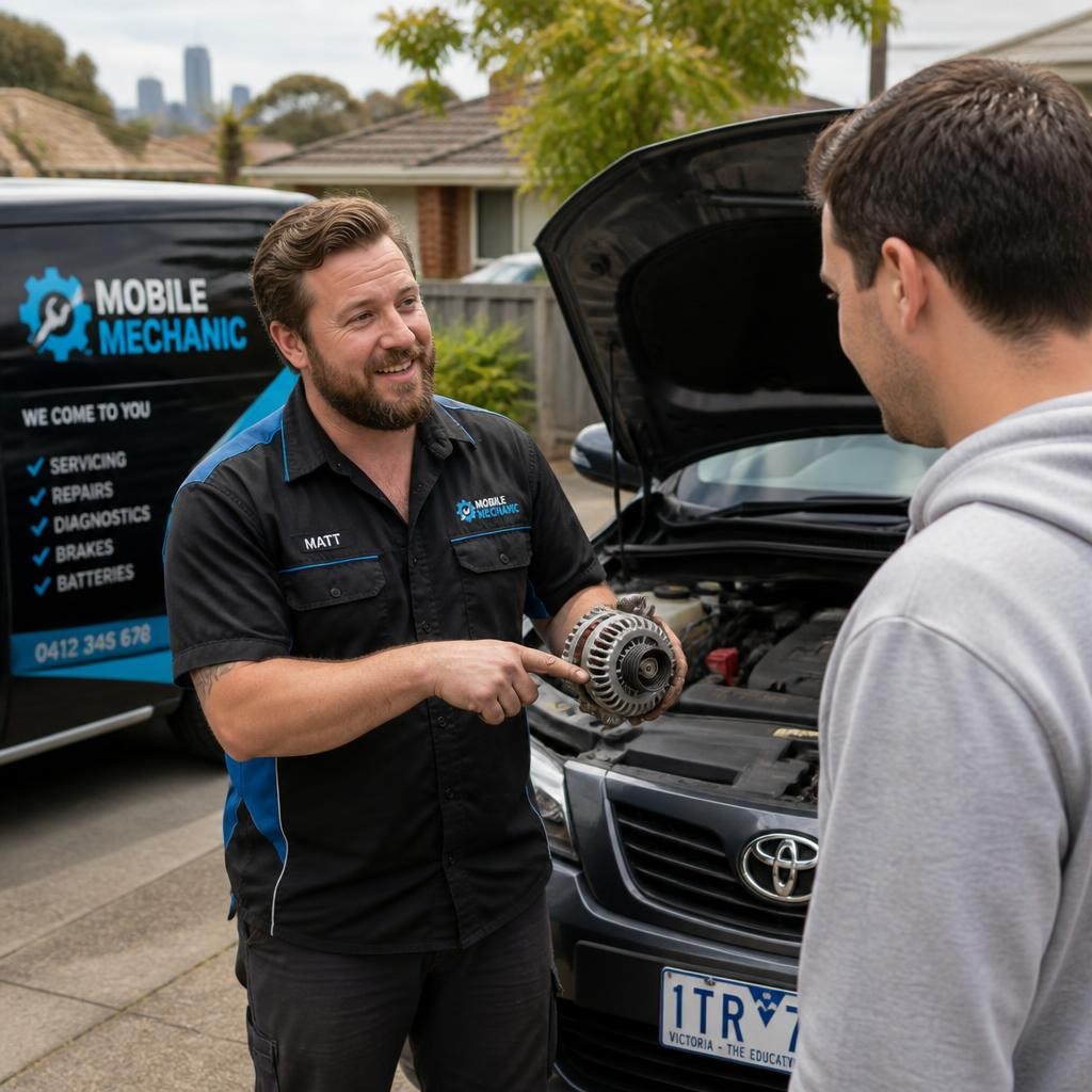Mechanic explaining a mobile car repair to a customer