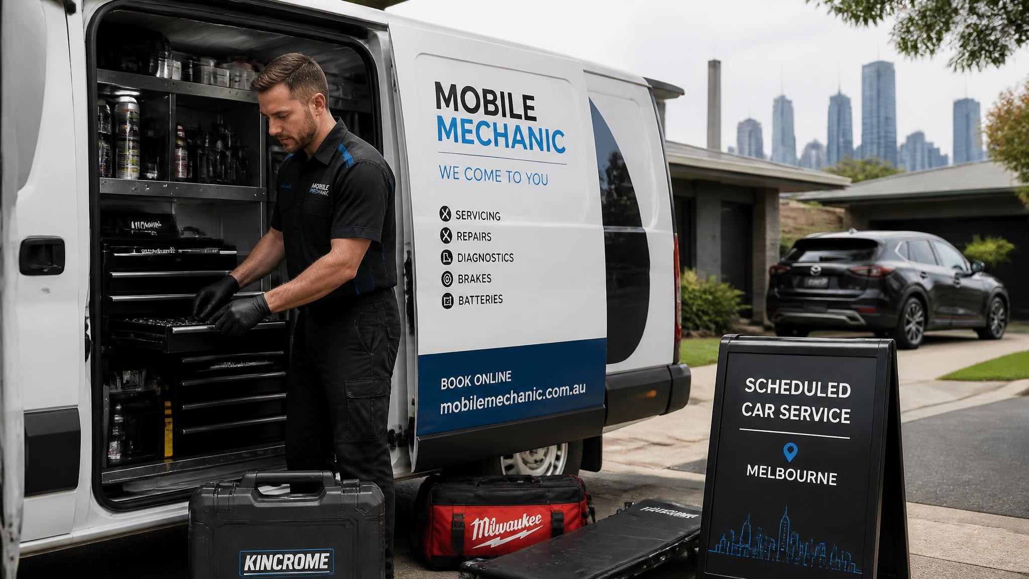 Mobile mechanic preparing for a car service in Melbourne