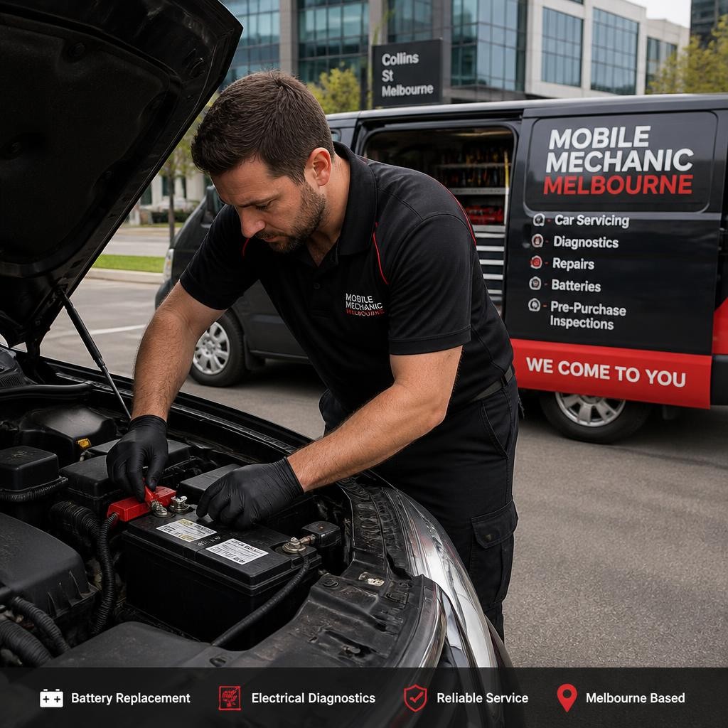 Onsite auto mechanic performing battery and electrical repairs