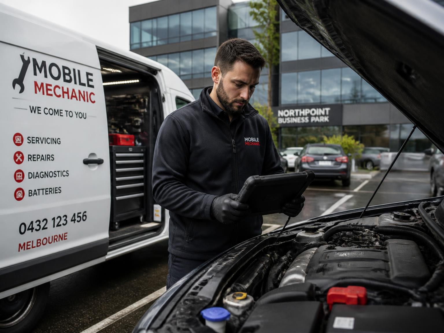 Mobile mechanic using diagnostic equipment