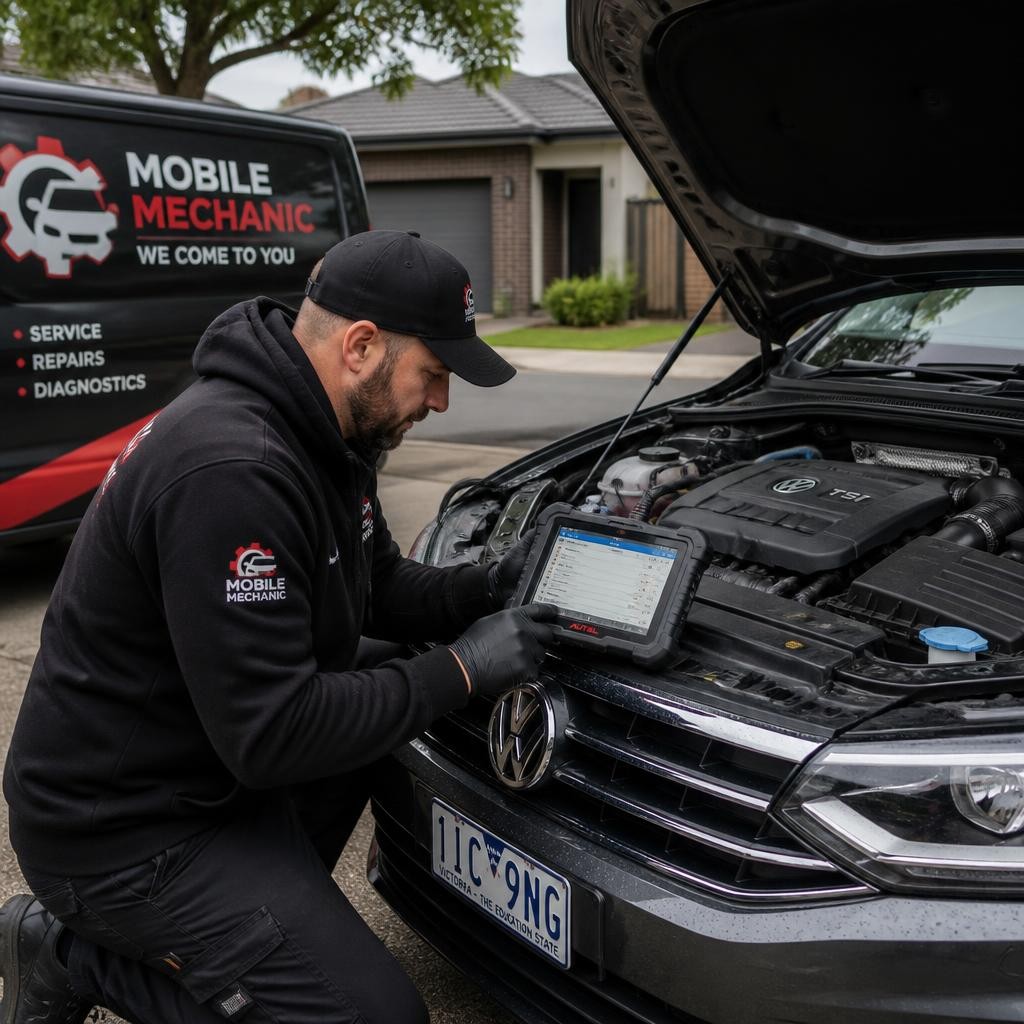 Mobile mechanic diagnosing a car at a Melbourne home driveway