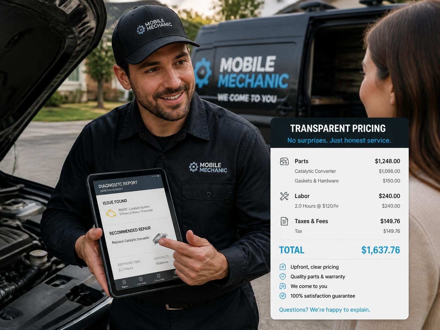 Transparent mobile mechanic car repair quote and diagnosis