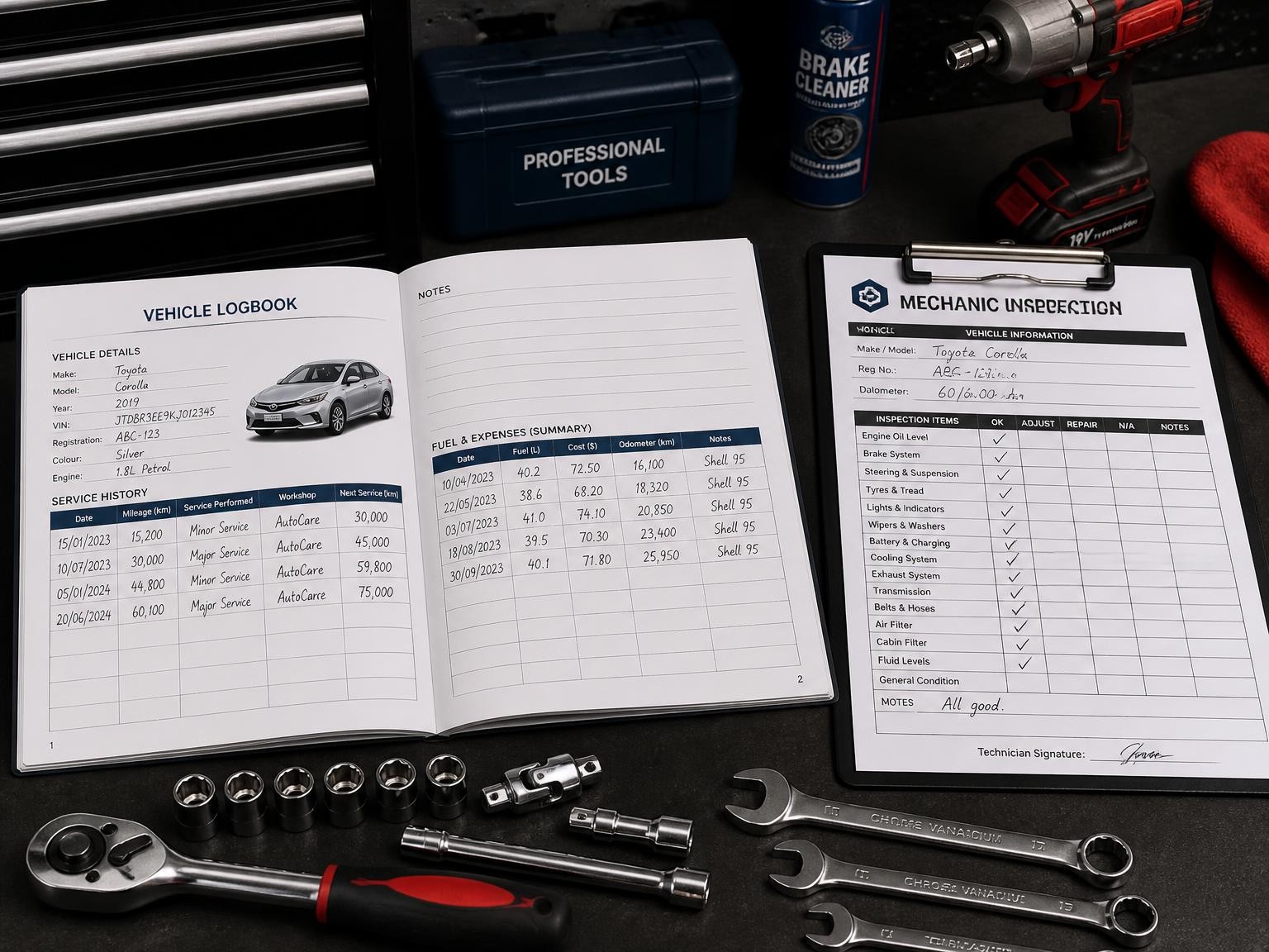 Vehicle logbook and car servicing checklist
