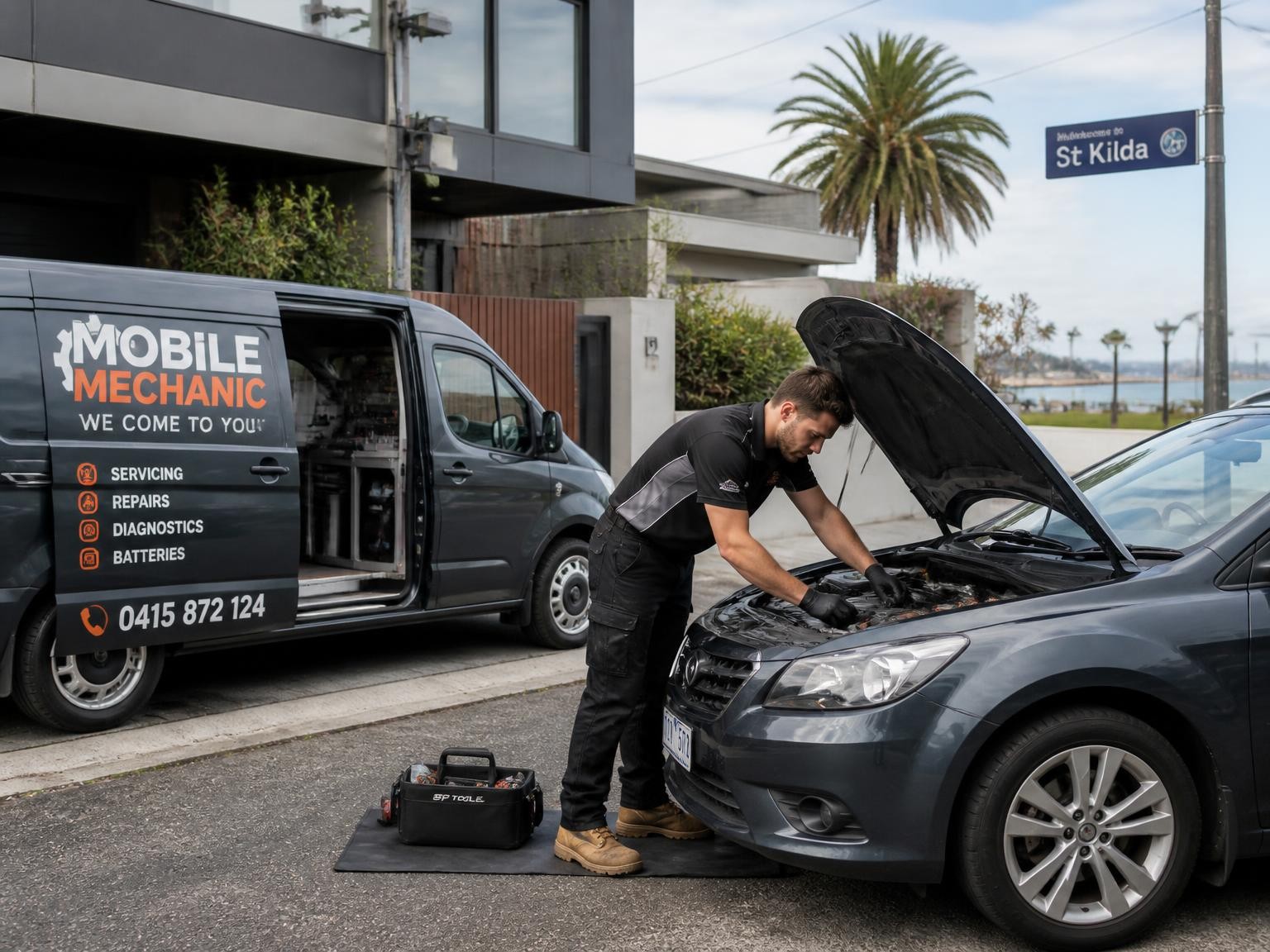 Mobile mechanic servicing a car near St Kilda