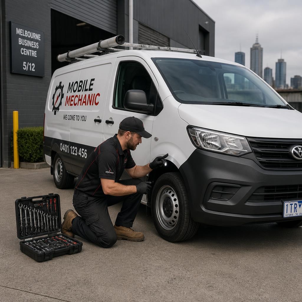 Mobile mechanic servicing a work van at a Melbourne business