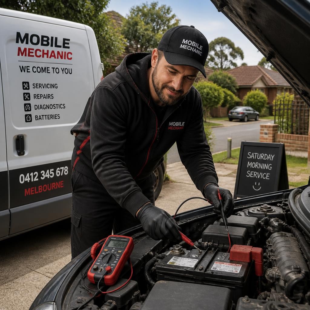 Mobile mechanic inspecting a vehicle on a weekend