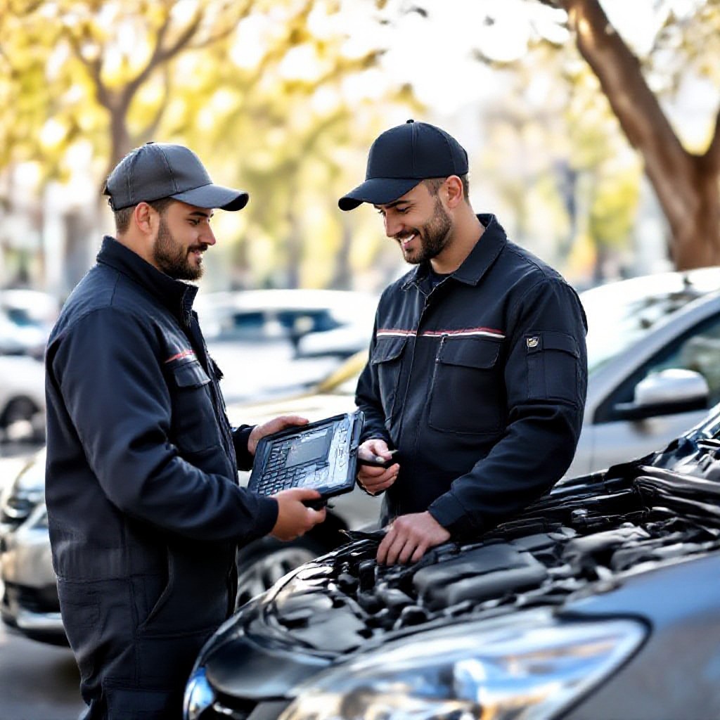 Mechanic diagnosing car onsite
