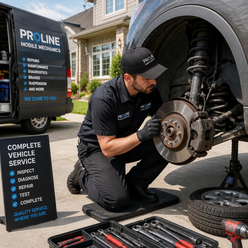 Mechanic inspecting brakes and suspension during a full car service