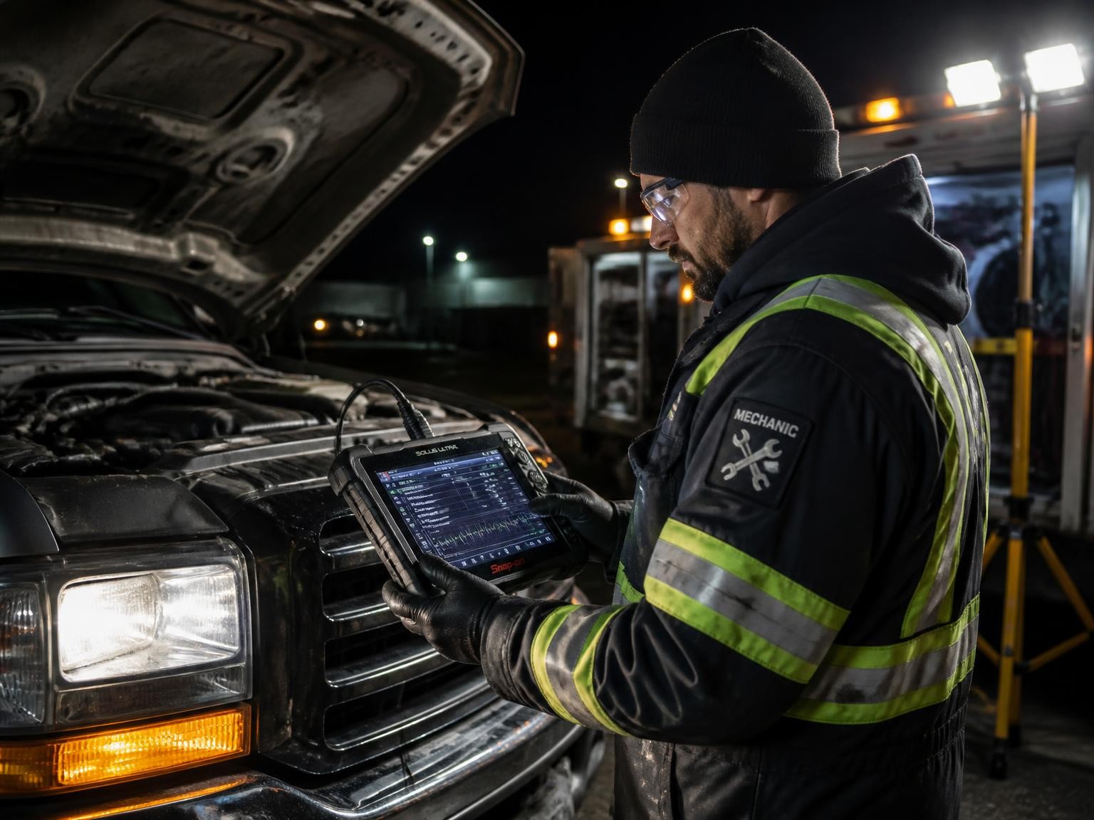 Mechanic carrying out nighttime vehicle diagnostics