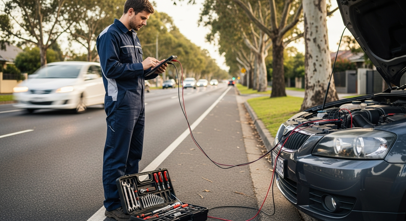 Car mechanic on road diagnostics
