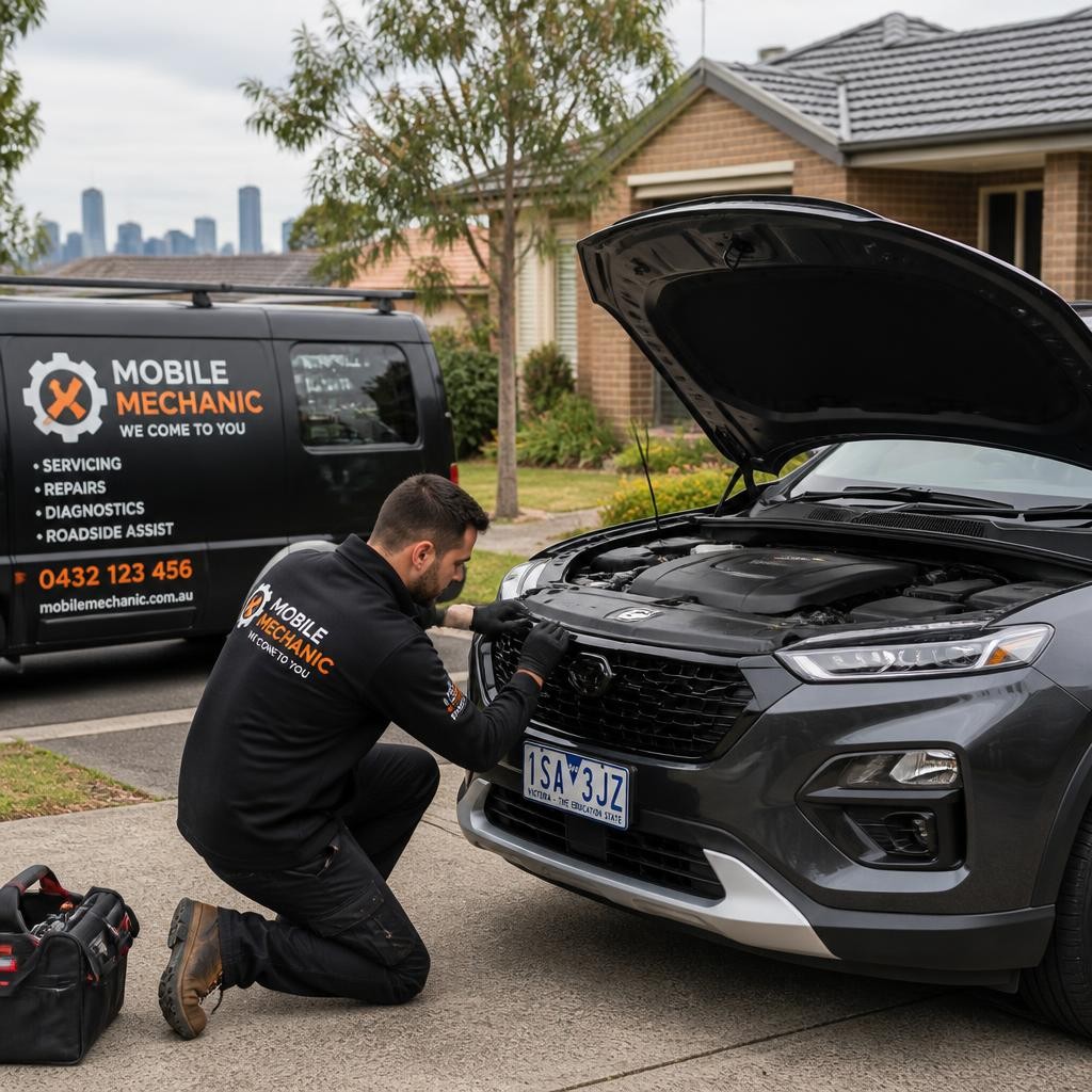 Mechanic inspecting a vehicle during mobile auto repair