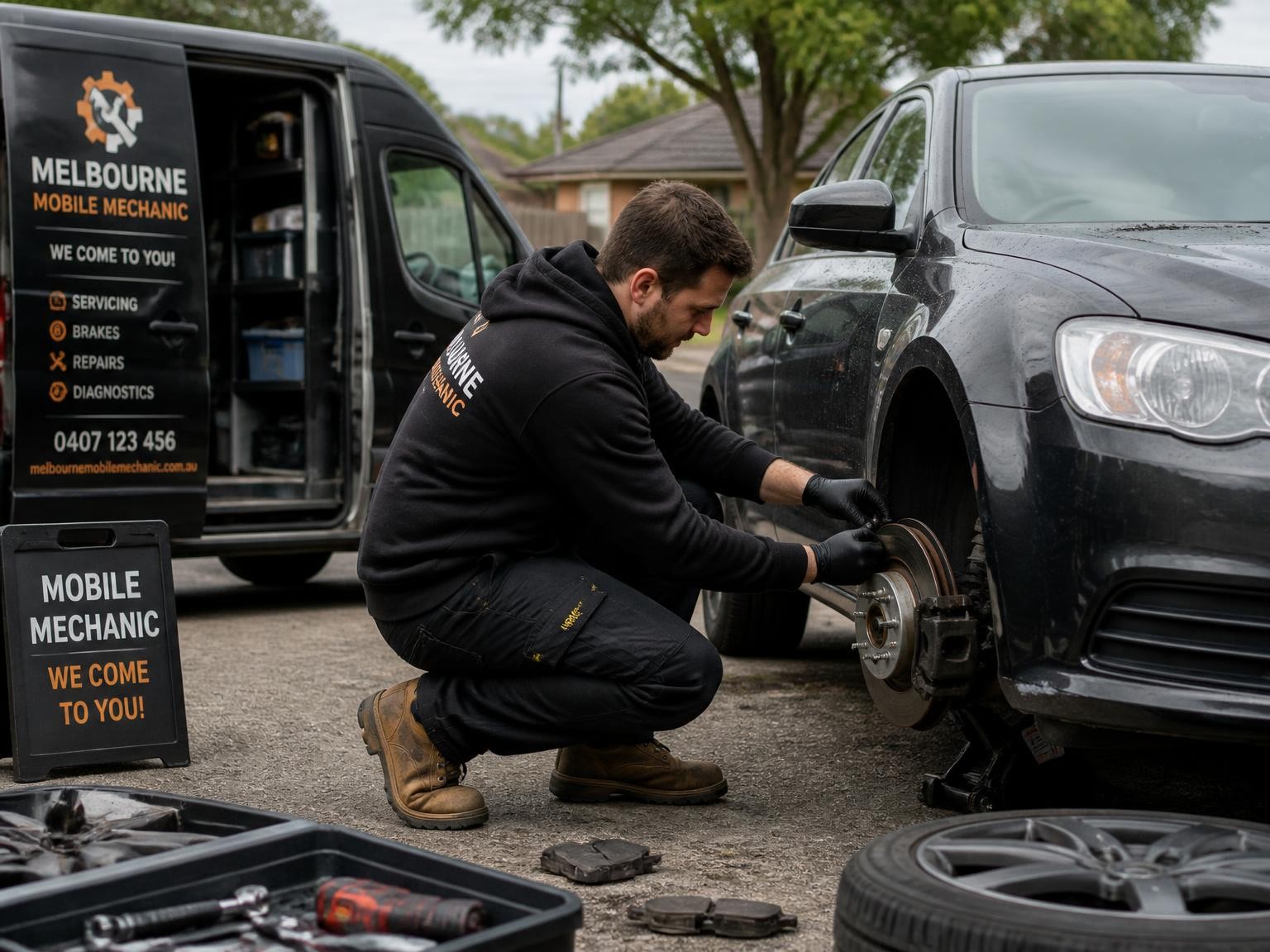 Mechanic carrying out brake repairs onsite in Preston