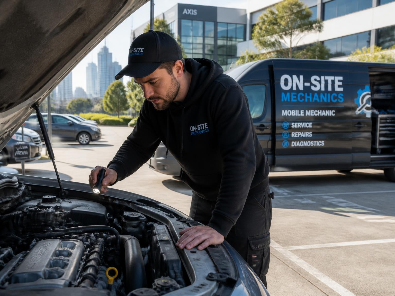Mobile mechanic inspecting a vehicle engine onsite
