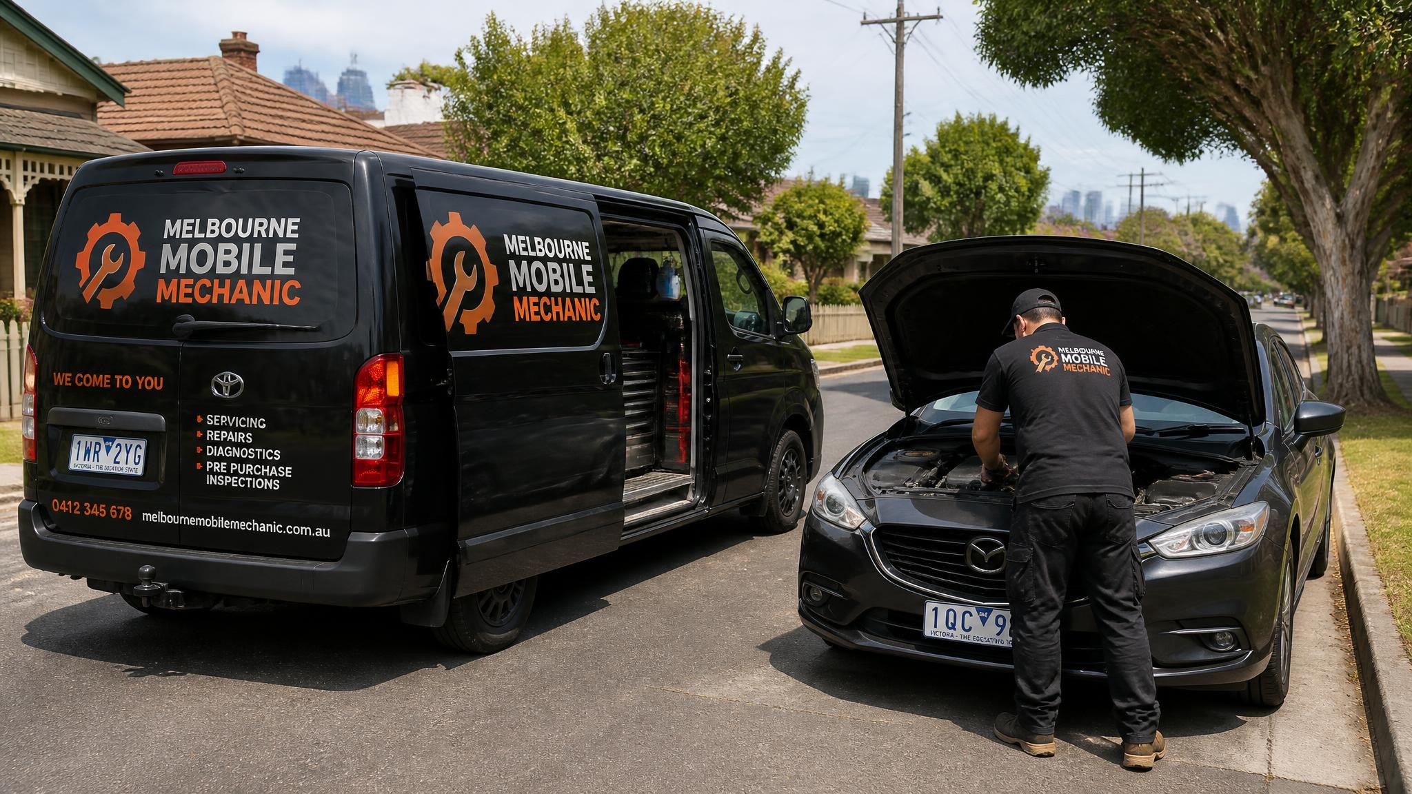 Mobile mechanic service vehicle attending a customer in Melbourne