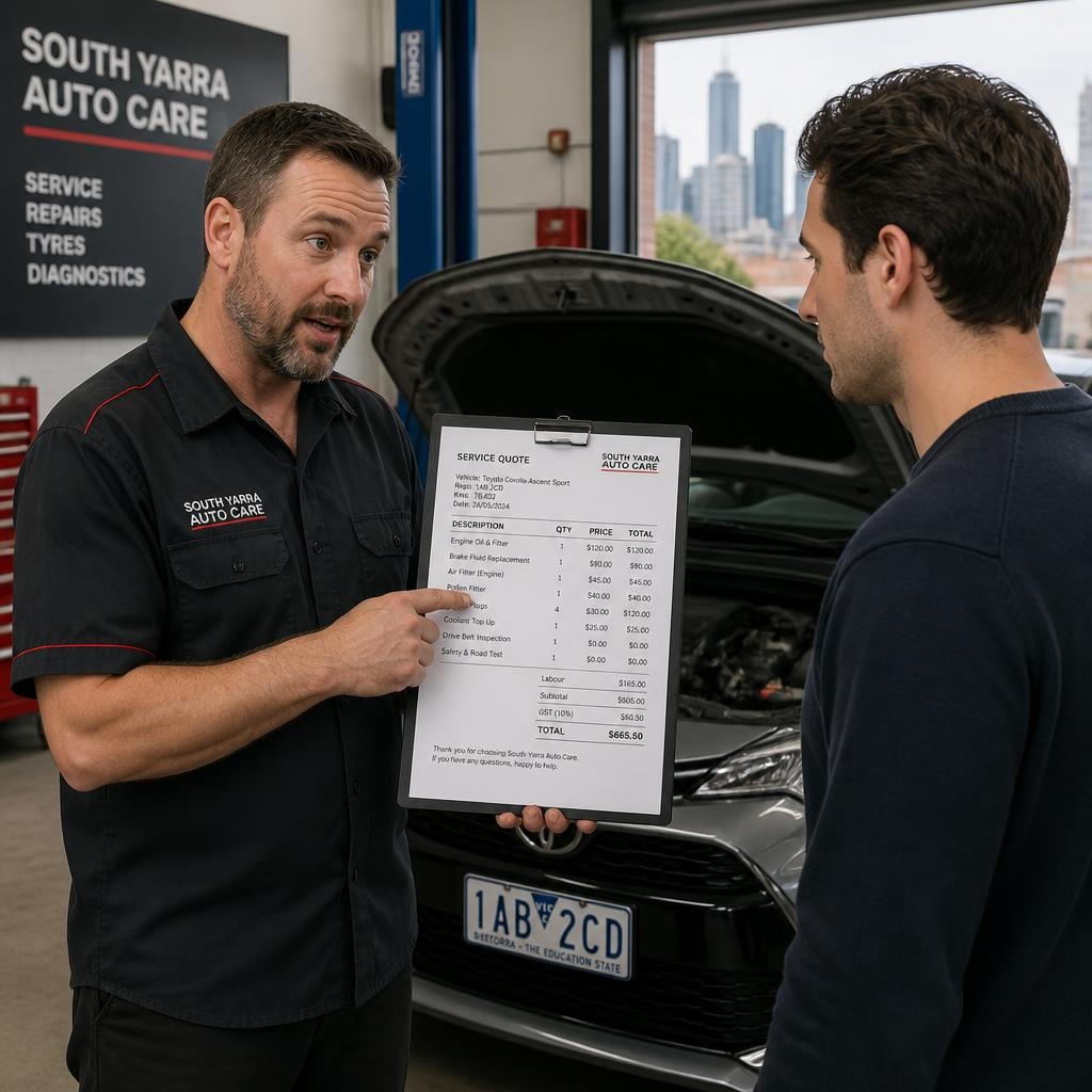 Mechanic explaining a clear mobile car service quote