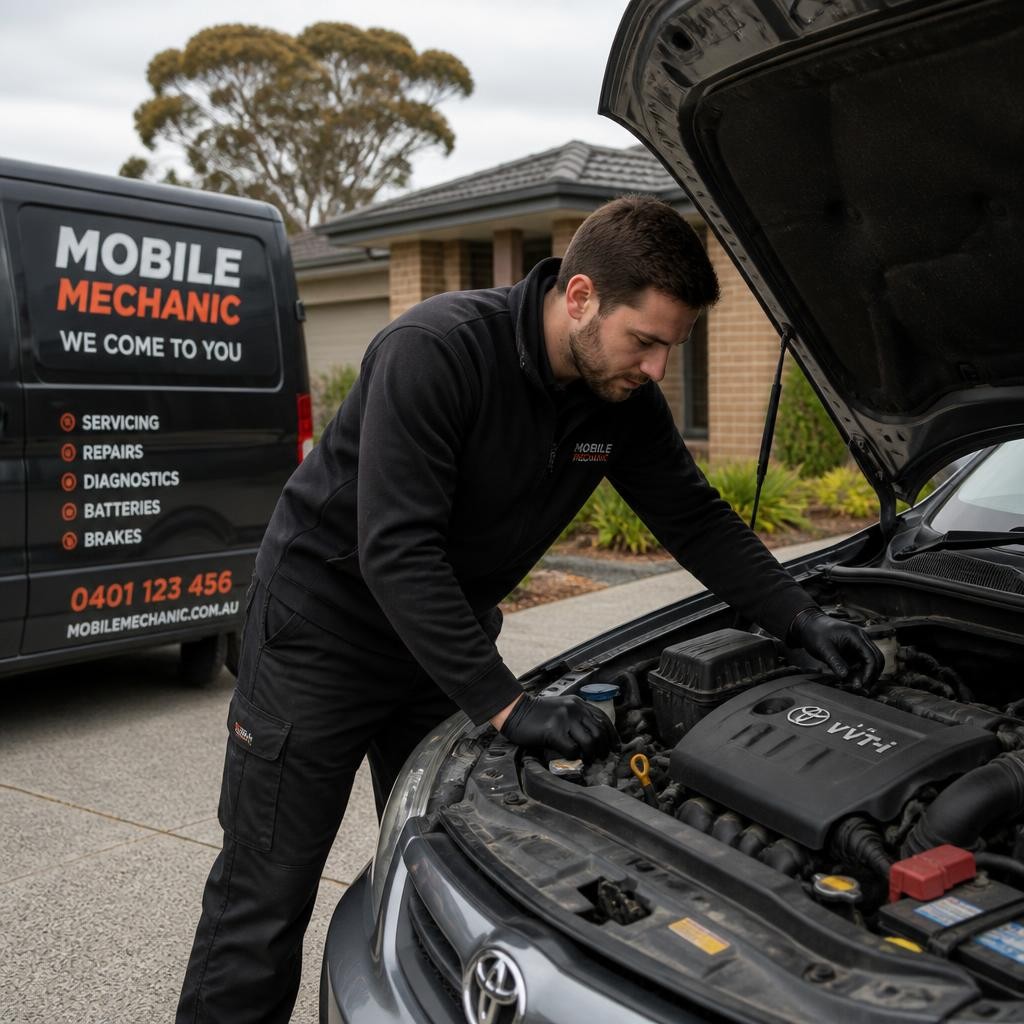 Mechanic inspecting a car engine onsite