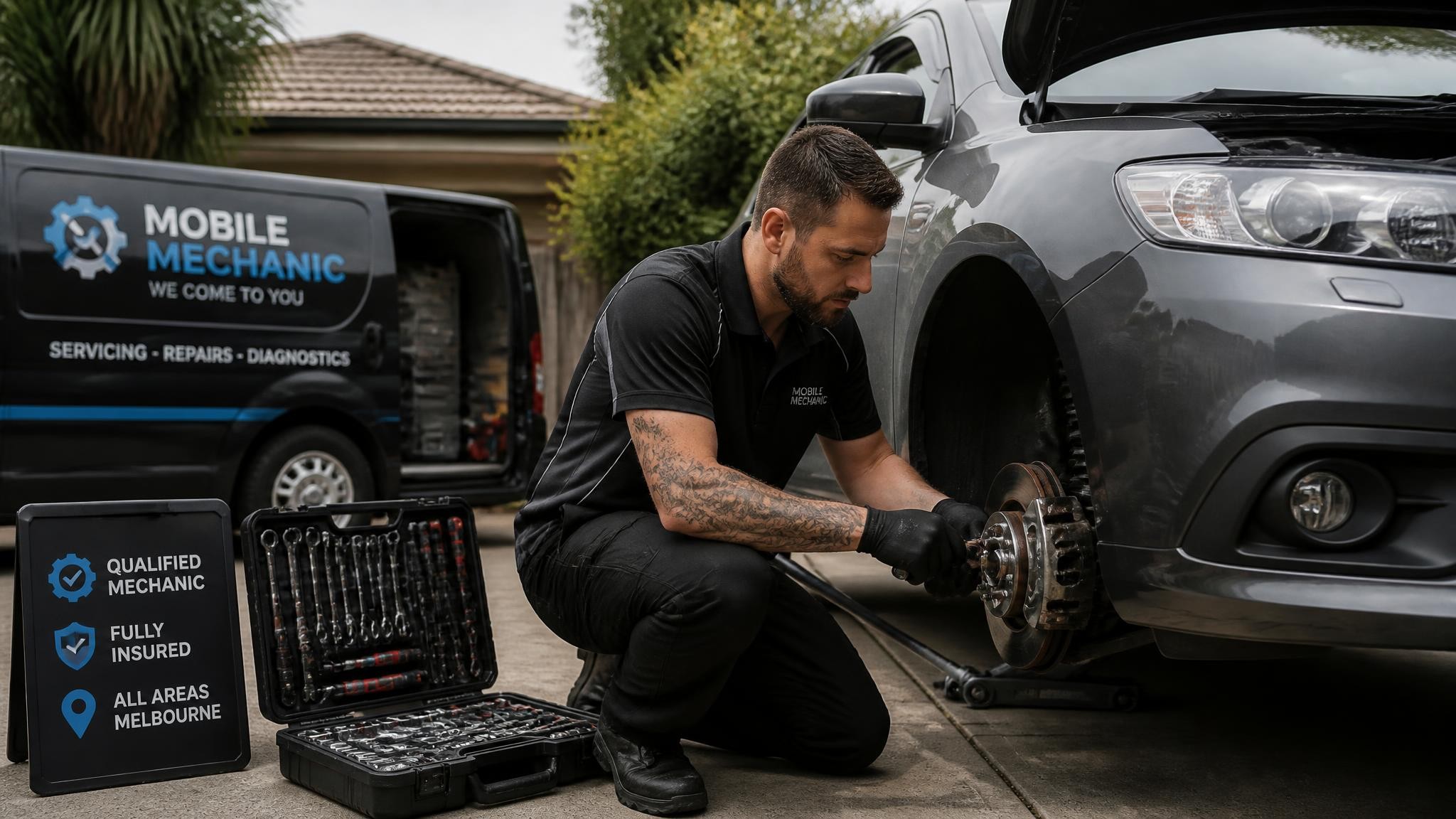 Mobile auto service mechanic performing an onsite car repair in Melbourne