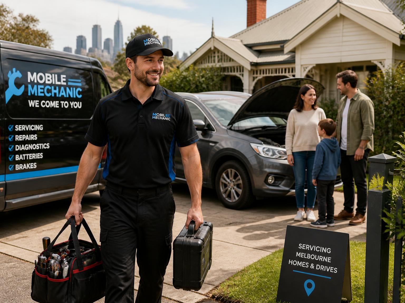 Mobile mechanic servicing a car at a Preston home