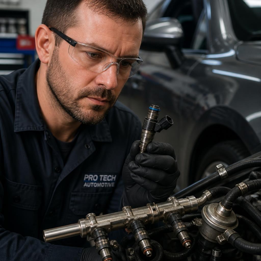 Mechanic inspecting fuel system components