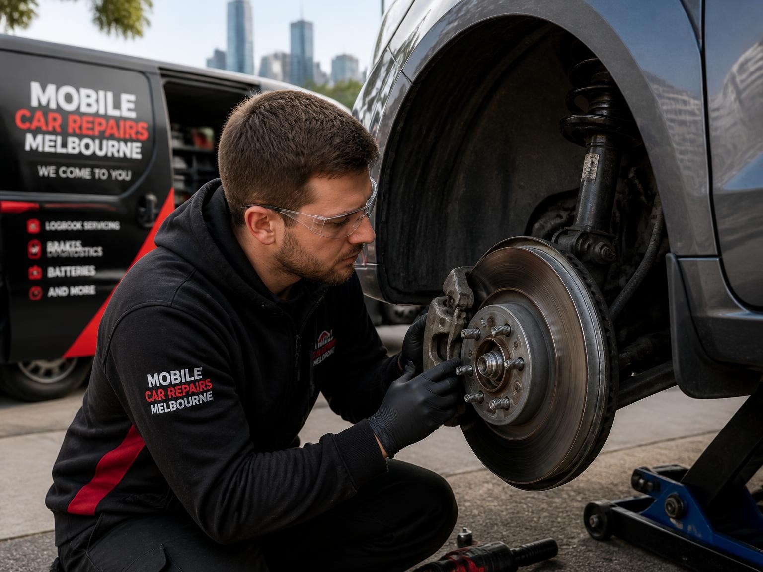 Professional mobile mechanic inspecting a vehicle