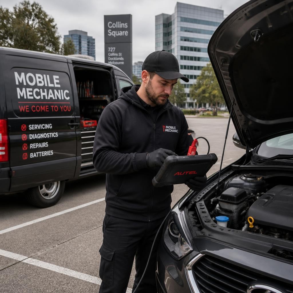 Mobile mechanic performing vehicle diagnostics at a Melbourne location