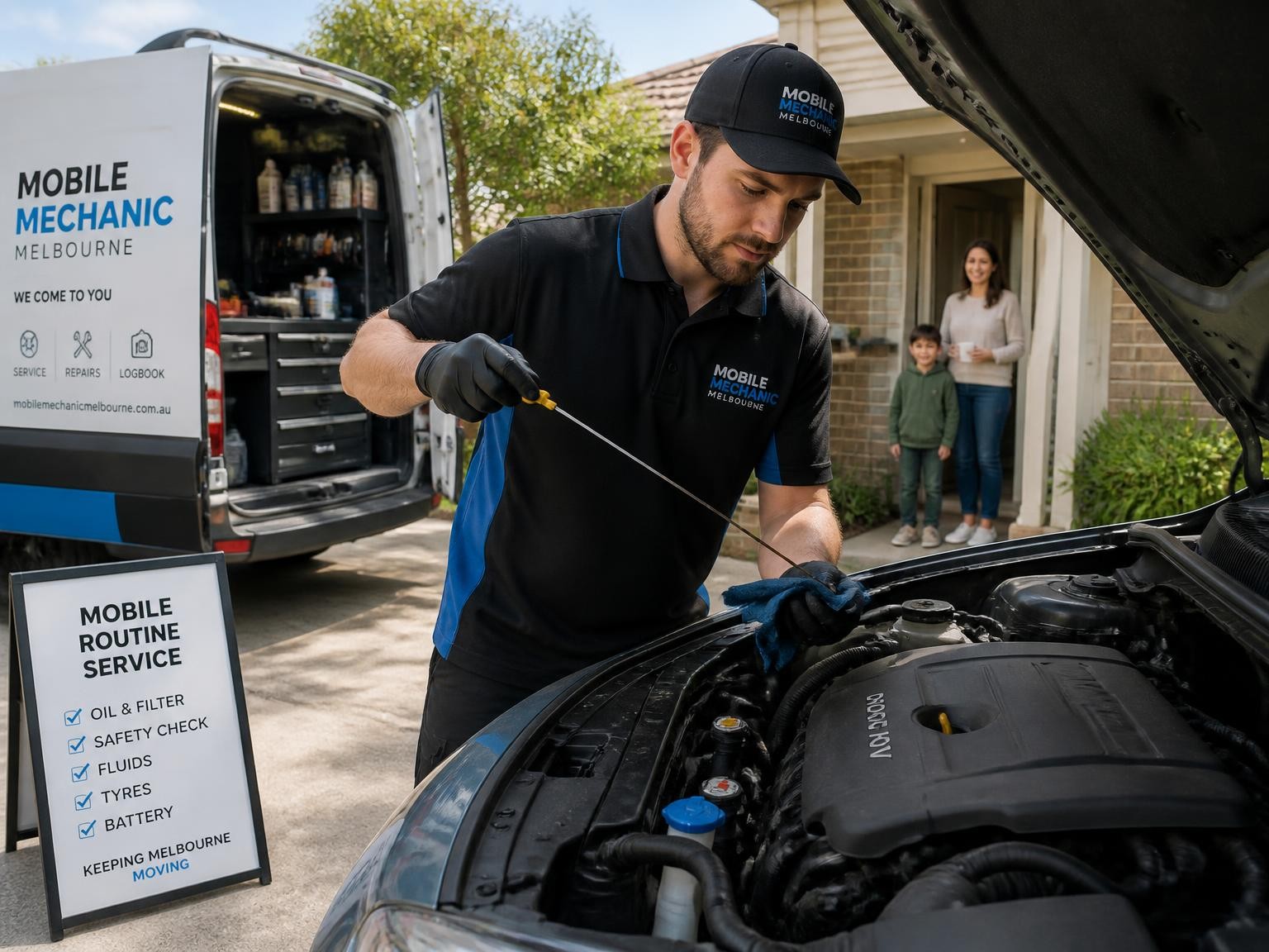 Mechanic performing a routine car service at a Melbourne home